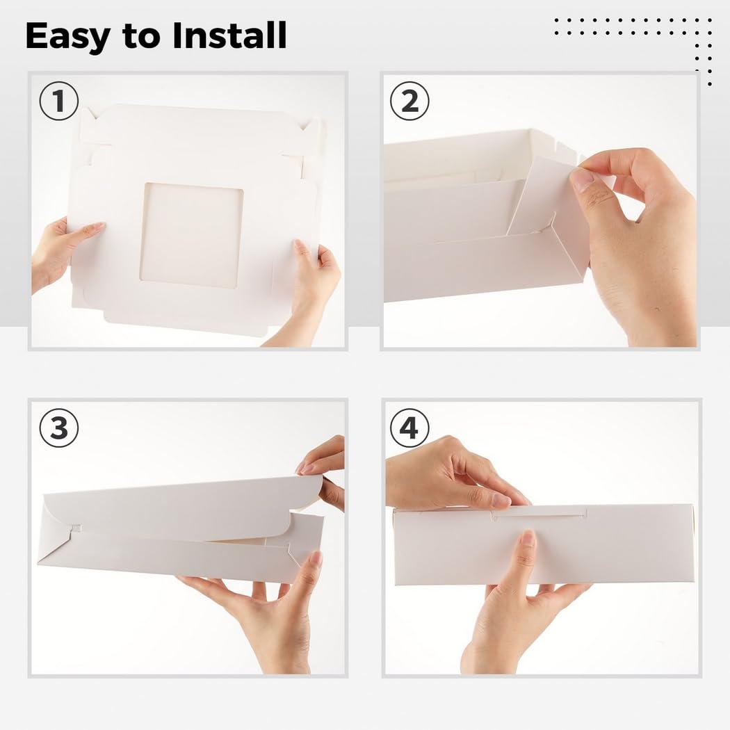 Juego de cajas de panadería de 10 x 10 x 2.5 pulgadas, 10 cajas para tartas con ventanas, embalaje de cartón blanco con 12 calcomanías y cuerda de cáñamo, almacenamiento cuadrado para