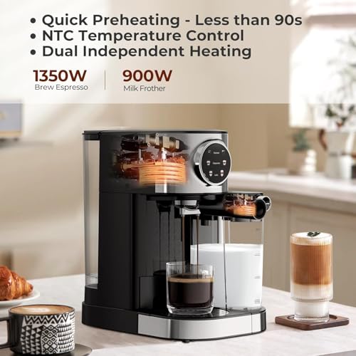 Image of Electactic Espresso Machine 20 Bar, Super Compact Espresso Maker Stainless Steel with Touch Screen, Professional Coffee Machine, Automatic Milk Frother for Cappuccino