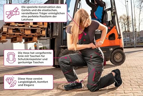 NEO TOOLS Damen-Arbeitslatzhose, Woman Line, Gr. S-XXL. Baumwoll-Polyester-Gewebe, elastischen Träger,Taschen, ISO 13688:2014