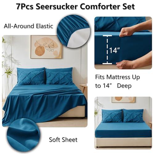 CozyLux King Size Comforter Set Teal, 7 Pieces Pintuck Bed in A Bag Teal Comforter King Size, Pinch Pleat Bedding Set with All Season Comforter, Sheets, Pillowcases & Shams