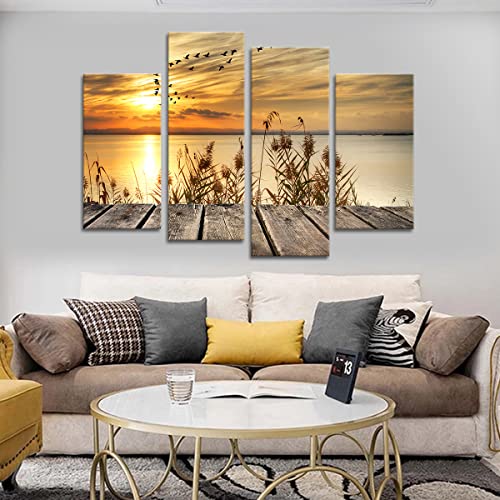 Noah Art-Rustic Seascape Wall Art Canvas Prints, Dawn On The Lake Shore Landscapes Pictures Sunset Artwork Ocean Art Print On Canvas, 4 Piece Stretched Canvas Wall Decor For Living Room #TOP7