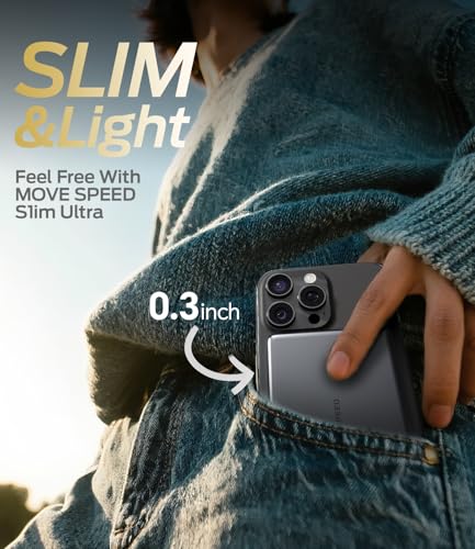 MOVE SPEED 0.3'' Ultra Slim MagSafe Portable Charger, 5,000mAh Magsafe Battery Pack, Magnetic Power Bank for Dual Use with a USB C Cable/Port for iPhone 16/15/14/13/12, Glacier Gray