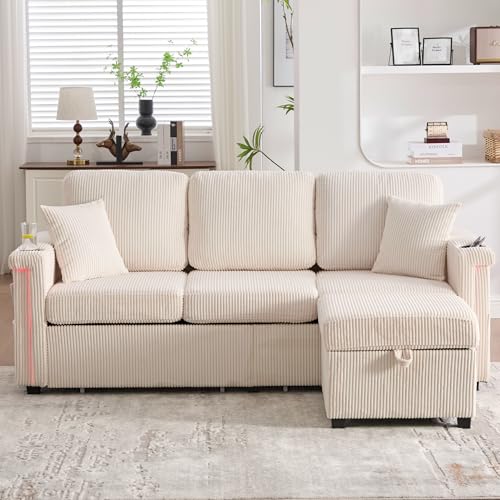 Miniatura 5 de Dachetou Sofá De Terciopelo De Alta Calidad, Incluye Reposapiés, Prácticos Soportes Para Bebidas Y Bolsillos Laterales Calidad Premium Para Salón, Dormitorio U Oficina, Color Beige