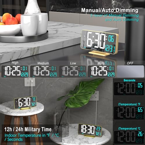 Image of KOSUMOSU Dual Alarm Clock 6.7in Gold Desk Clock with Dimming, 12 /24h, Seconds, Date, Day of Week, Temp, Digital LED Clock for Bedroom, Digital Calendar Clocks for Living Room Gold Desk Accessories