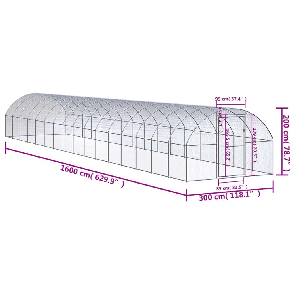 Kurnik zewnętrzny z ocynkowanej stali, 3 x 16 x 2 m, srebrny, z ramą przedłużającą dla kur, kaczek i małych zwierząt w ogrodzie, na wybiegu i na zewnątrz