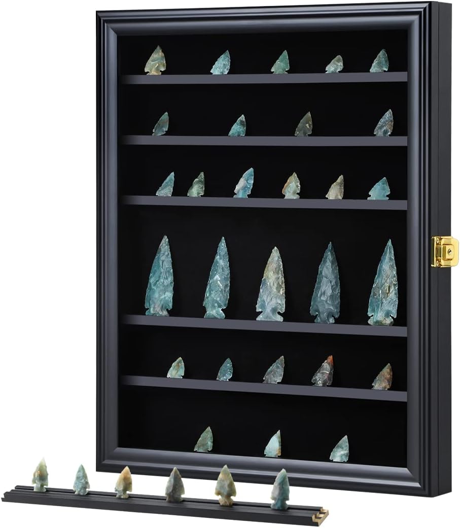 KCRasan Arrowhead Display Case Native American Arrowhead Shadow Box Wall Mount Arrowhead Collection Display Cabinet with Uv Protection for Agate Opal Crystal Stone Arrowheads Spear Points Rocks Black