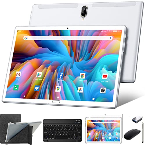 ZONKO Tablet 10 Zoll Dual 4G LTE Android Tablett PC Octa Core SC9863 4GB RAM 64GB ROM 512GB Erweiterbar 1080P FHD 13MP Kamera mit Tastatur Maus Stift Hülle | Typ-c | WiFi | GPS | OTG (Silver)