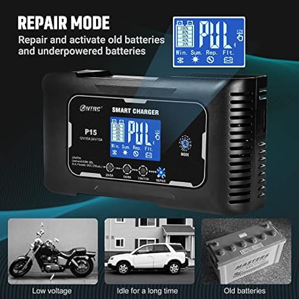 HTRC Bilbatteriladdare 15A 12V/24V Helautomatisk Batteriladdare Bilbatteriladdare för Bilar, Båt, SUV, Motorcykel, Gräsklippare/LiFePO4 och Blysyra(AGM, Calcium, GEL, MF, EFB, SLA, VRLA, WET)