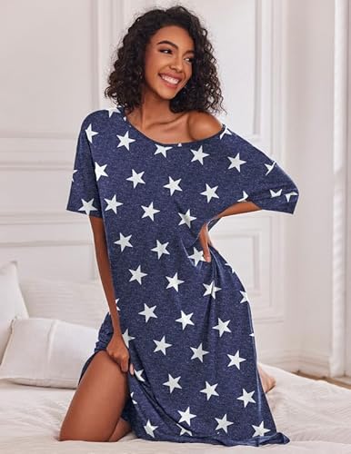 Ekouaer Camisola longa feminina de manga curta plus size com bolsos M-3GG, Estampa de estrela, G