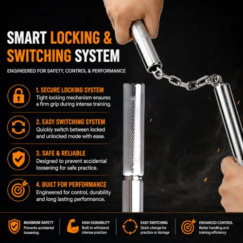 Image of VINEX Stainless Steel 2 in 1 Nunchaku with Lock - Professional Grade Foldable & Lockable Metal Nunchucks for Martial Arts Training, Ideal for Karate Practice (with Lock)