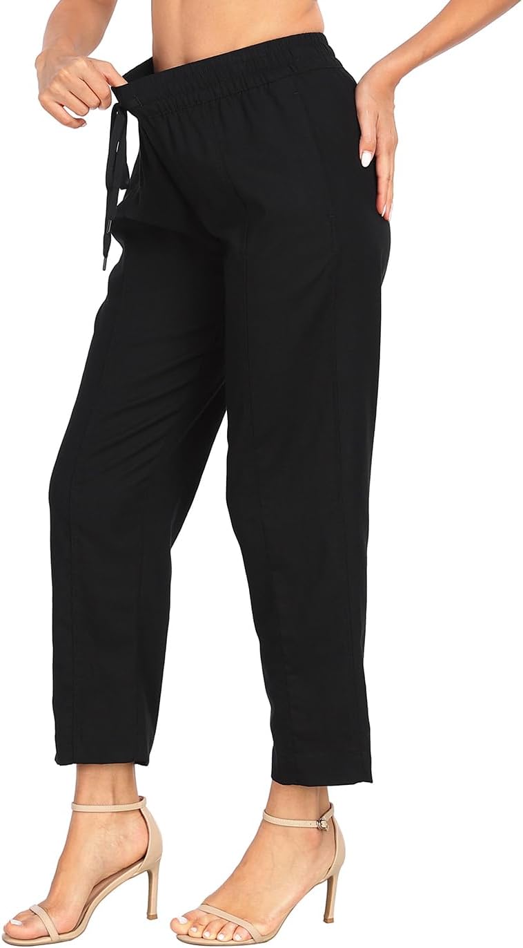 HDE Women's Linen Blend Pull On Pants Summer Drawstring Ankle Pant with Pockets - Image 7