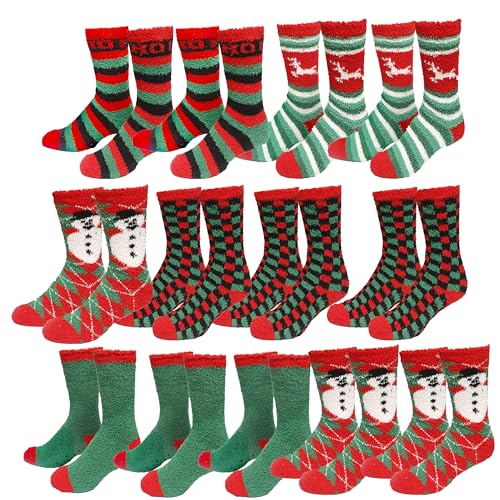Gilbins 12 Pairs Mens Christmas Holiday Fuzzy Socks with Grips Non Slip Skid Slipper Fluffy Hospital Winter Crew Sleep Socks