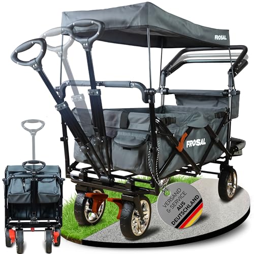 FROSAL Bollerwagen Leo grau – faltbar mit Sonnendach LSF 25 – pannensichere PU-Räder Ø ca. 20 cm – 80 kg Traglast – Vorderräder 360° drehbar – Bremsen vorne & hinten – Schiebegriff & Zugstange