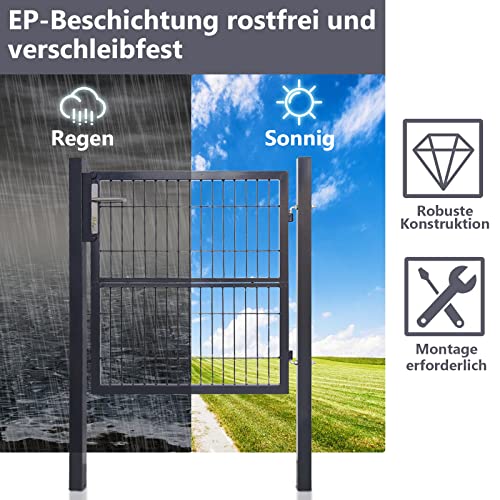 Daromigo Metall Gartentor, 120x100 Gartentür aus verzinktem Stahl, inkl. Griff, Schloss und 3 Schlüsseln, Robust Zauntor Hoftor, Zauntür Gartenzaun, Anthrazit