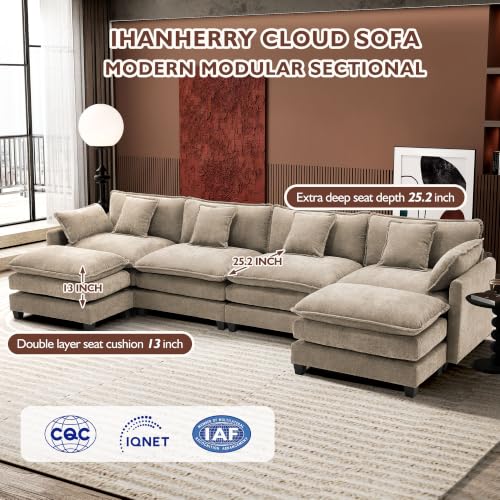 Image of Ihanherry 146 inch U-Shaped Modern Sofa Modular Sectional Luxurious and Comfortable with 2 Ottoman, 6-Seat Chenille Deep Seat Sofa with 6 Pillows for Living Room, Bedroom and Apartment, Sand