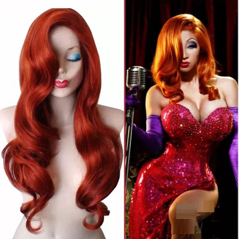28” Jessica Rabbit Long Wavy Copper Red Cosplay Wig Spiral Curly Anime Heat Resistant Hair for Women