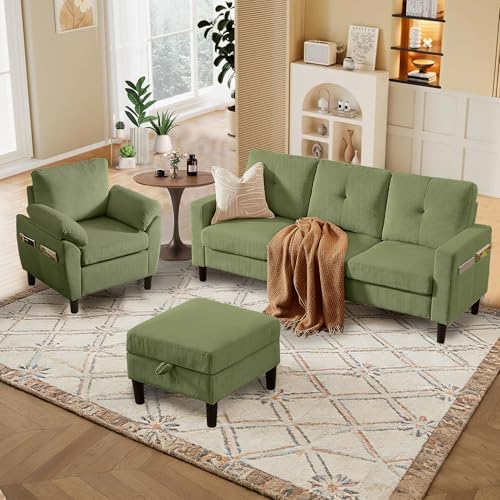 Image of 3 Pieces Sofa Set for Living Room with Sofa, Storage Ottoman and Single Chair