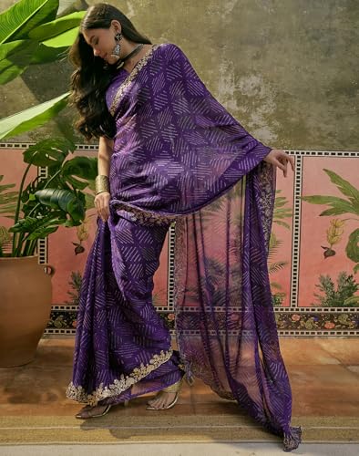 Image of SIRIL Women's Chiffon Scalloped Border Sequins Embroidery Saree with Unstitched Blouse Piece