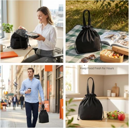 Image of Insulated Lunch Bag with Drawstring Closure, Green, Reusable Tote for Meals (Black)