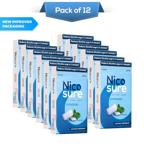 Image of Nicosure Nicotine Gum-2mg-Pack of 12-120 Gums|Tobacco Control Aid|Spearmint Flavour|Doctors' Preference|Aids in Quitting Tobacco|Great taste| Long lasting flavour|Sugar-free