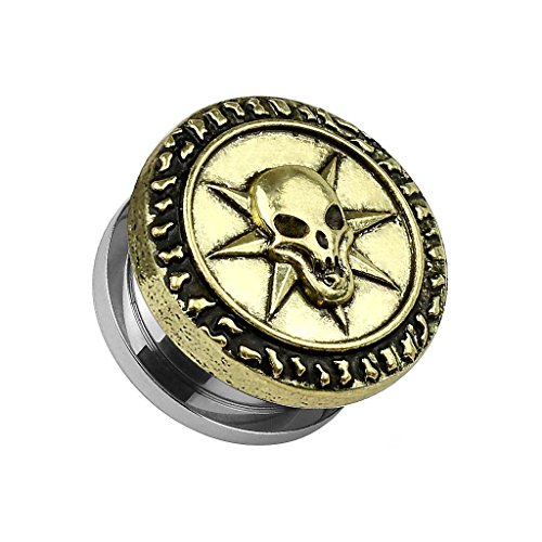 Taffstyle Piercing dilatador para la oreja, acero inoxidable, estilo vintage, retro, antiguo, con calavera sobre estrella, diseño dorado, Acero inoxidable