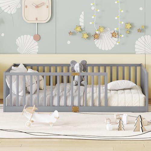 Image of Bellemave Twin Size Kids Montessori Floor Bed Frame with Slats,Solid Wood Floor Bed Frame with High Fence for Kids,Girls,Boys,Gray