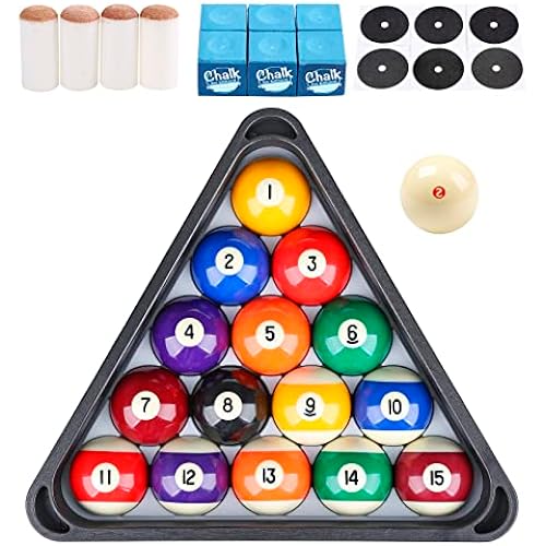 JAPER BEES Billiard Pool Balls with Triangle Ball Rack, Cue Chalks, Table Spot Stickers & Tip Replacements - Pool Table Accessories