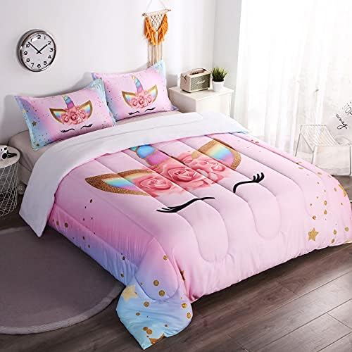 Oecpkd Unicorn Comforter Set Rainbow Soft Girls Unicorn Bedding with 1 Comforter 2 Pillowcases Pink Flower Unicorn Bedding Sets for Teens Girls Queen Size