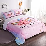 Oecpkd Unicorn Comforter Set Rainbow Soft Girls Unicorn Bedding with 1 Comforter 2 Pillowcases Pink