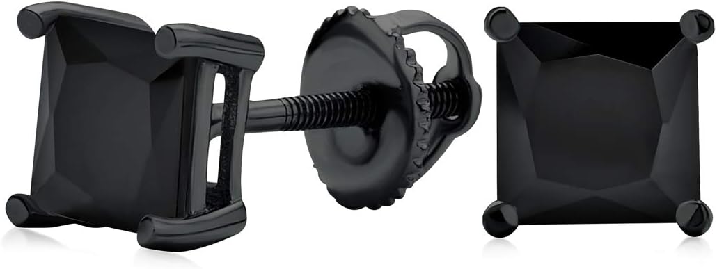 Black or Clear Brilliant Cut Square Princess Solitaire AAA CZ Stud Earrings For Men Women Secure Screw back Black Plated .925 Sterling Silver 5 6 7 8 9 MM