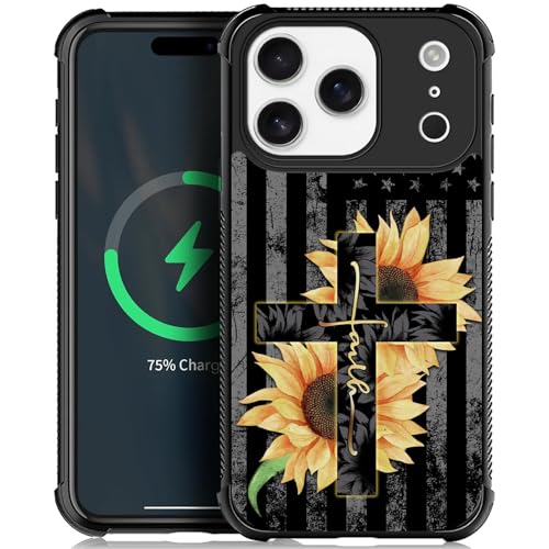 ilikediy Case for iPhone 17 Pro Max/iPhone 18 Pro Max [Compatible with Magsafe], W USA Flag Faith Sunflower Soft TPU Bumper Hard PC Back Anti-Fall Shockproof Protective Magnetic Cover