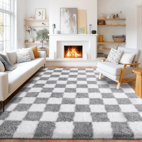 Pionblank 8x10 Area Rugs for Living Room, Fluffy Plush Checkered