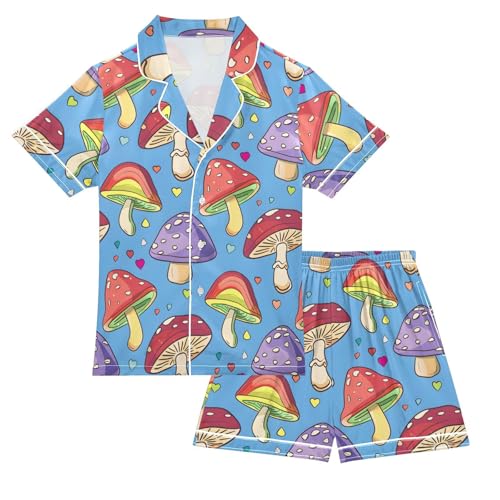 ALAZA Color Heart Mushroom Satin Pajamas Set Short Sleeve Button Down Sleepwear Summer Pjs 2 Piece
