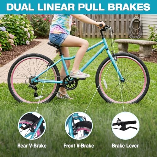 StarterRide 24 Inch Kids Mountain Bike 7-Speed, Girls Youth Bicycle for Teenager Ages 14+ Rider Height 58-68 Inch, with Front & Rear Linear Pull Brakes, Adjustable Seat, Aqua — view 3