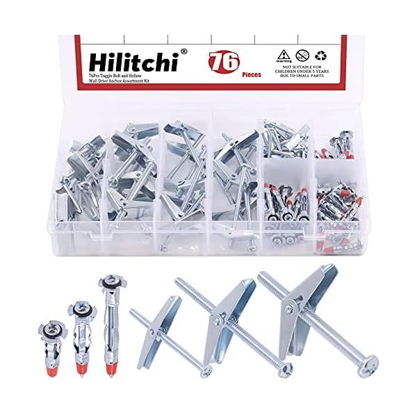 Hilitchi 76Pcs Toggle Wing Nut Bolt and Long Hollow Wall Drive Anchors