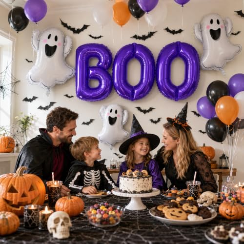 Image of Halloween Foil Balloons Purple Halloween Balloons Ghost Balloon BOO | Purple Spooky Balloon BOO Balloon Letters 3D Bat Stickers for Girl Night Cute Spooky One Birthday Baby Shower Party Decor