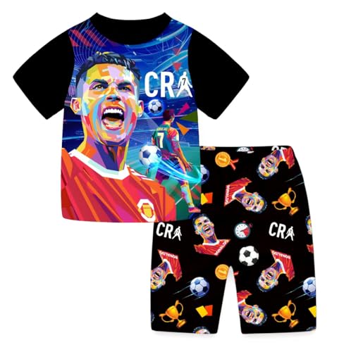 TONGQUD Ronaldo Nr. 7 Schlafanzug-Set für Jungen, kurzärmelig, Nachtwäsche, Sommer, Baumwolle, weicher Schlafanzug, Pyjama-Set, 2-teilig, Red02, 12-13 Years
