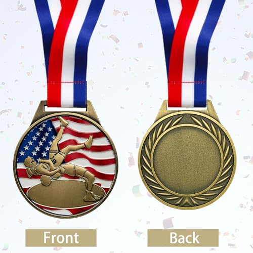 YUJUE Patriotic Wrestling Medal, Gold - 1st Place - 3 Inch Zinc Alloy American Flag Wrestling Medal - Prestigious Award for Wrestling Tournaments, Competitions & Athletes