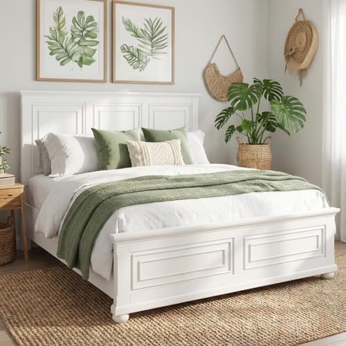 MoproBeti Wood Bed Frame Queen with Tall Headboard & Footboard Traditional Queen Panel Bed with USB Charging Station for Bedroom Guest Room Easy Assembly No Box Spring Required White