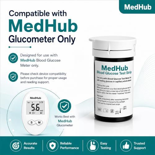 Image of Glucometer Test Strips, 50 Count | Compatible with MedHub Glucometer Only | Easy to Use, Small Blood Sample Needed, Fast Reading Support | Green
