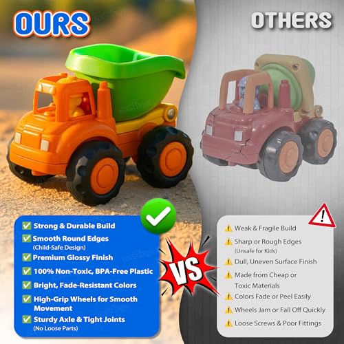 Image of Zest 4 Toyz Unbreakable Automobile Car Pack of 4 Friction Powered Cars Construction Push and Go Car Tractor Bulldozer Cement Mixer Truck Dumper for 1 2 3 Year Old Boy Girl Baby Kids