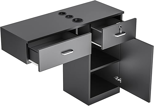 Miniatura 4 de Paddie Estación de salón de peluquería de montaje en pared juego de equipo de estilista de peluquería con soportes para electrodomésticoscajones con