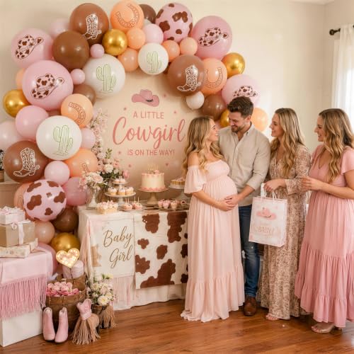 Image of Cowgirl Balloons, Dusty Pink Brown Cow Print Latex Balloons, Pink Cream Beige White Balloons for Cowgirl Girls Birthday My First Rodeo Western Baby Shower Yeehaw Country Farm Animals Party Decorations