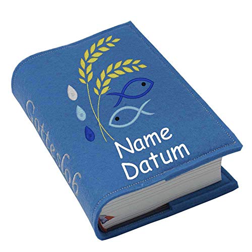 Gotteslob Gotteslobhülle Hülle Ähre Fische blau Filz Namen bestickt Einband Umschlag personalisierte Gesangbuchhülle, Farbe:blau Cover