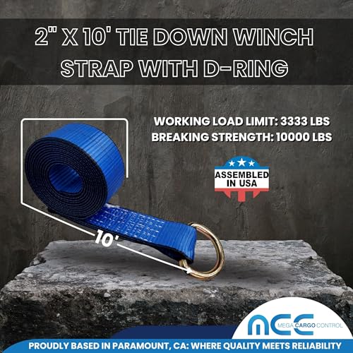 Image of Mega Cargo Control 2 inch x 10' D-Ring Lasso Strap & Recovery Auto Tie Down for Wheel Lift, Trailer, Tow Truck (4 - Pack)