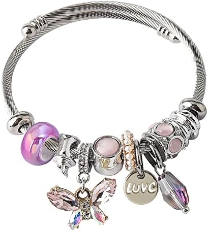 DS Charm Bracelets for girls,exquisite cute cartoon friendship bracelets Stainless Steel Bangle with birthday Gift box, Adjustable girls jewelry Suitable for holiday gifts-Purple Butterfly