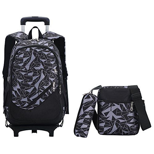 Cartable Scolaire à roulettes Sac d'école Sac à Dos à roulettes Nylon pour garçon Fille (Noir)