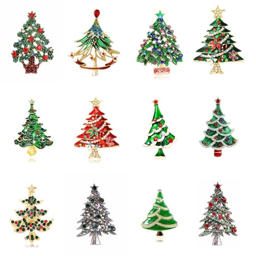 12-Piece Christmas Tree Brooch Set, Sparkly Rhinestone Xmas Pins for