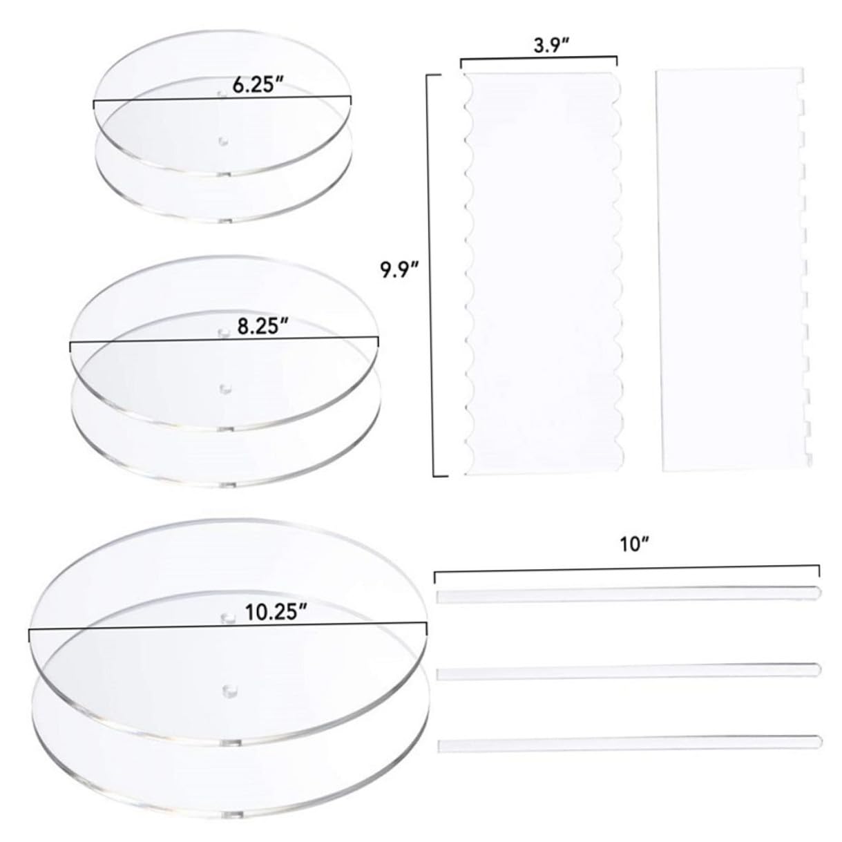 TOYANDONA Kit de Decoración para Pasteles 11 Piezas Discos Redondos Transparentes, Raspadores Rectangulares y Pilares Acrílicos para Repostería y Decoración Profesional