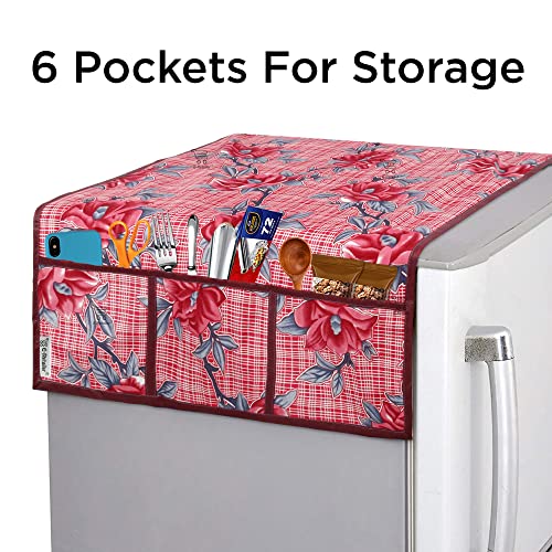 Image of Polyester 3-Layered Fridge Top Cover /Refrigerator Cover with Utility Pockets and Set of 3 Pc Fridge Mats (Color-Check Floral Red, Size-39x21 Inch)